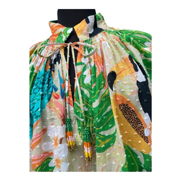 Farm Rio Helena Clip Dot Cotton Blouse Palms Parrots Print Anthropologie Sz L - Picture 2 of 12